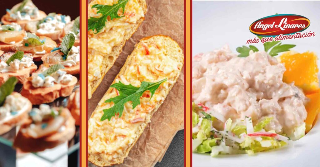 Tres platos preparados de solomillo con hojaldre, ensaladilla de mariscos y tarta de manzana