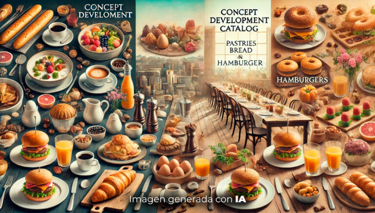 Collage panorámico mostrando un catálogo de desayunos y hamburguesas. La primera sección incluye una mesa elegante con bollería fina, panes artesanales y platos de desayuno innovadores. La segunda sección presenta panes de hamburguesa, croissants, baguettes y hamburguesas gourmet en un entorno cálido y acogedor.